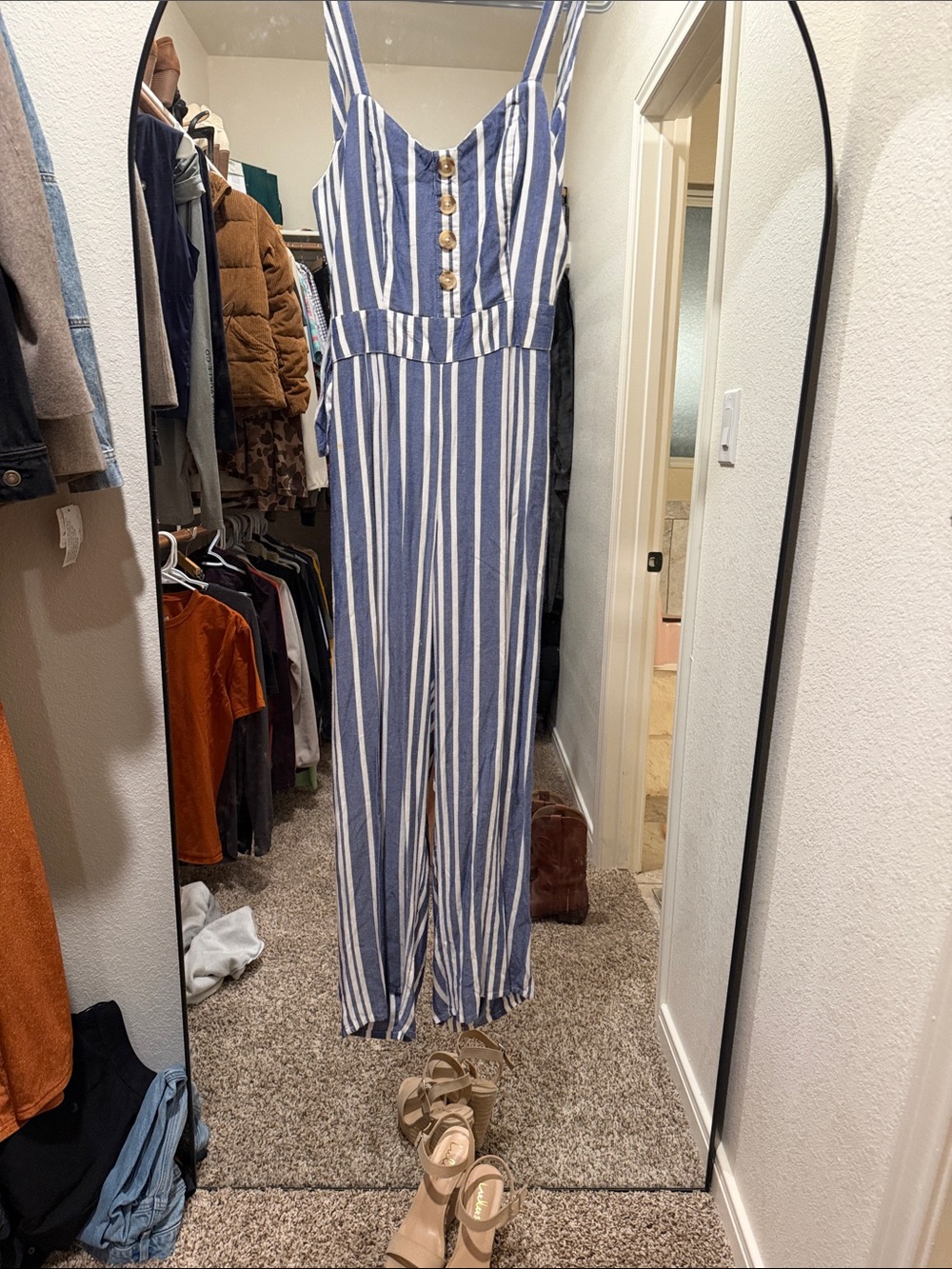 Express Blue & White Striped Sleeveless Jumpsuit